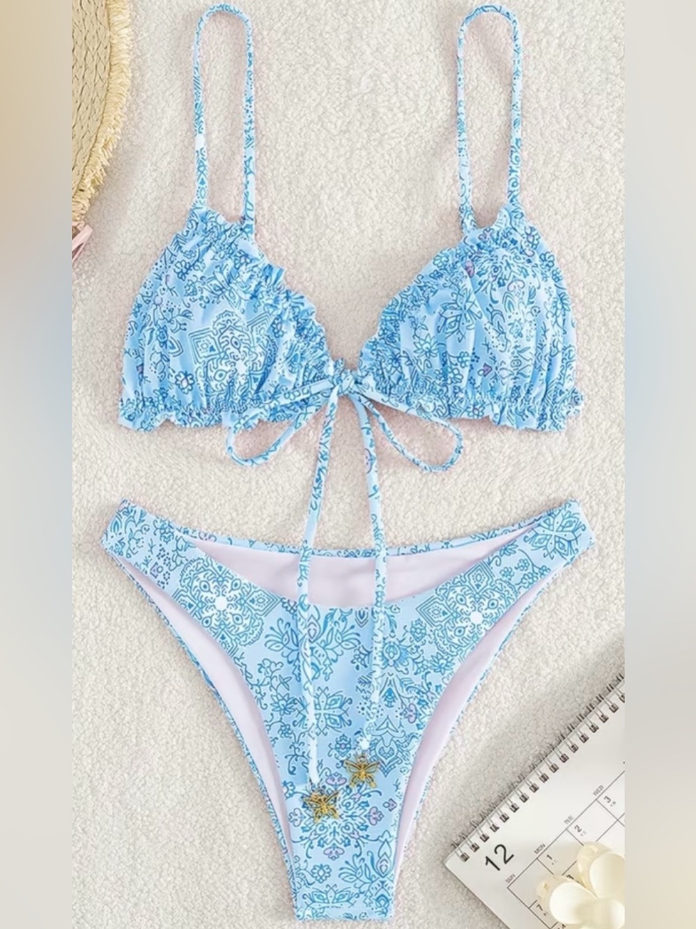 Light Blue Paisley Tie Front Triangle Bikini Set